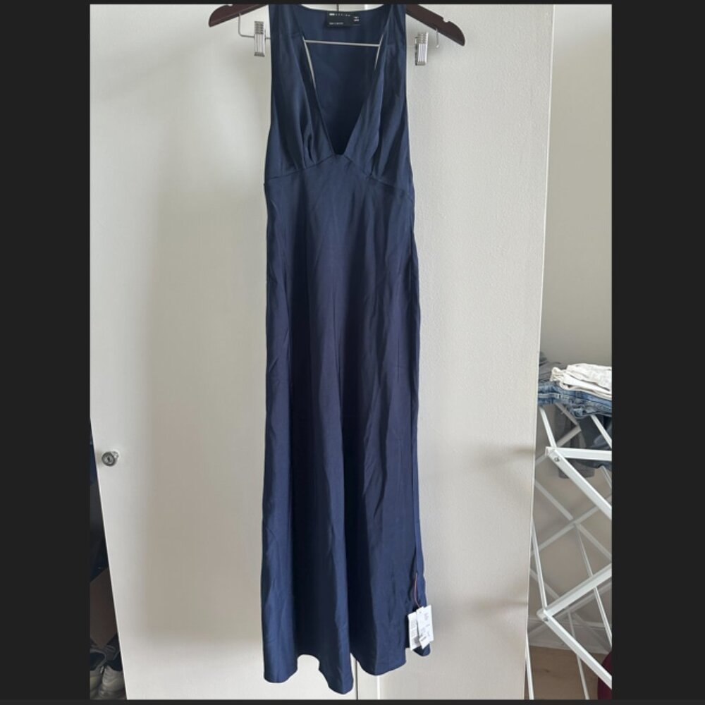 ASOS DESIGN bias cut plunge satin midi dress with racer back, Navy, size US 4